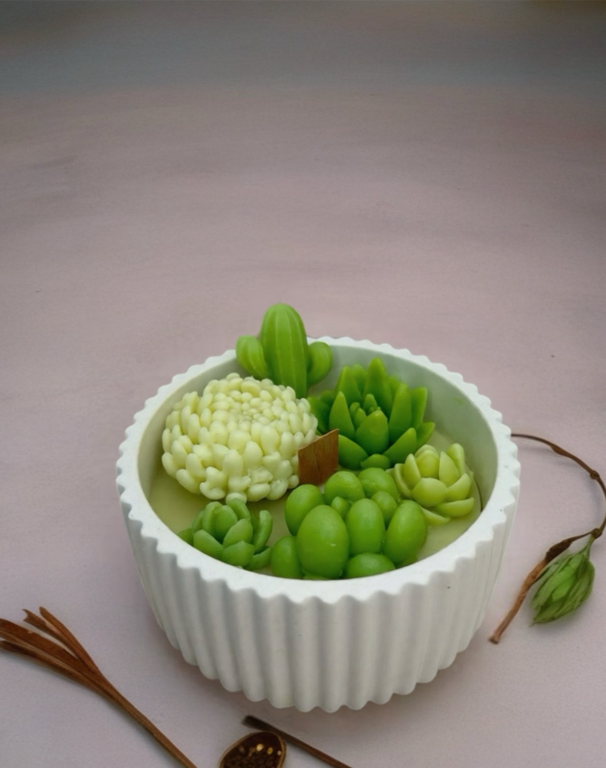 Succulent Candle Arrangement in a Ribbed Pot