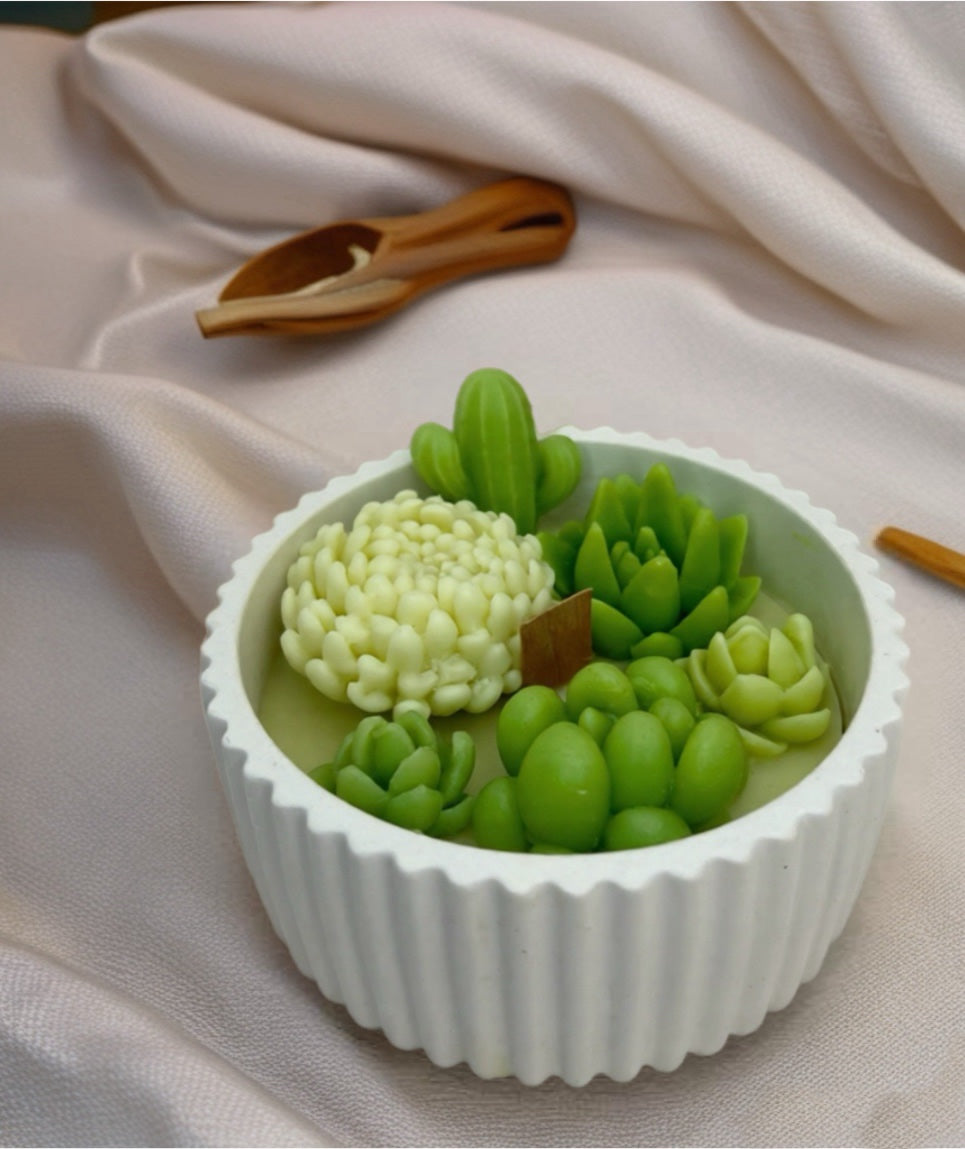 Succulent Candle Arrangement in a Ribbed Pot